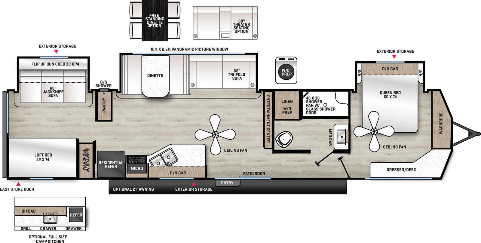 The Aurora 40BHTS floorplan has one entry and three slide outs. Exterior features include: metal exterior, 21' (opt) awning and outside kitchen. Interiors features include: bunk beds, loft, free-standing dinette option and front bedroom.